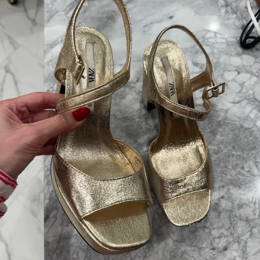 Zara Metallic Gold Block Heel Sandals - Picture 1 of 9